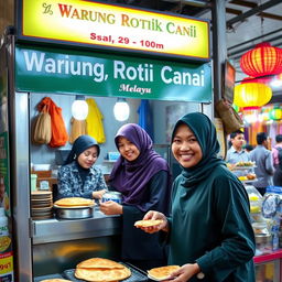A vibrant scene depicting a Malay roti canai stall (Warung Roti Canai) bustling with activity
