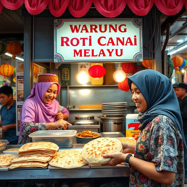 A vibrant scene depicting a Malay roti canai stall (Warung Roti Canai) bustling with activity