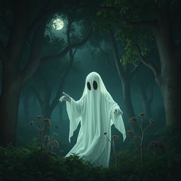 A mysterious ghost in a dense forest, dressed in flowing white garments, with large dark eyes that seem to pierce through the night