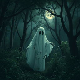 A mysterious ghost in a dense forest, dressed in flowing white garments, with large dark eyes that seem to pierce through the night