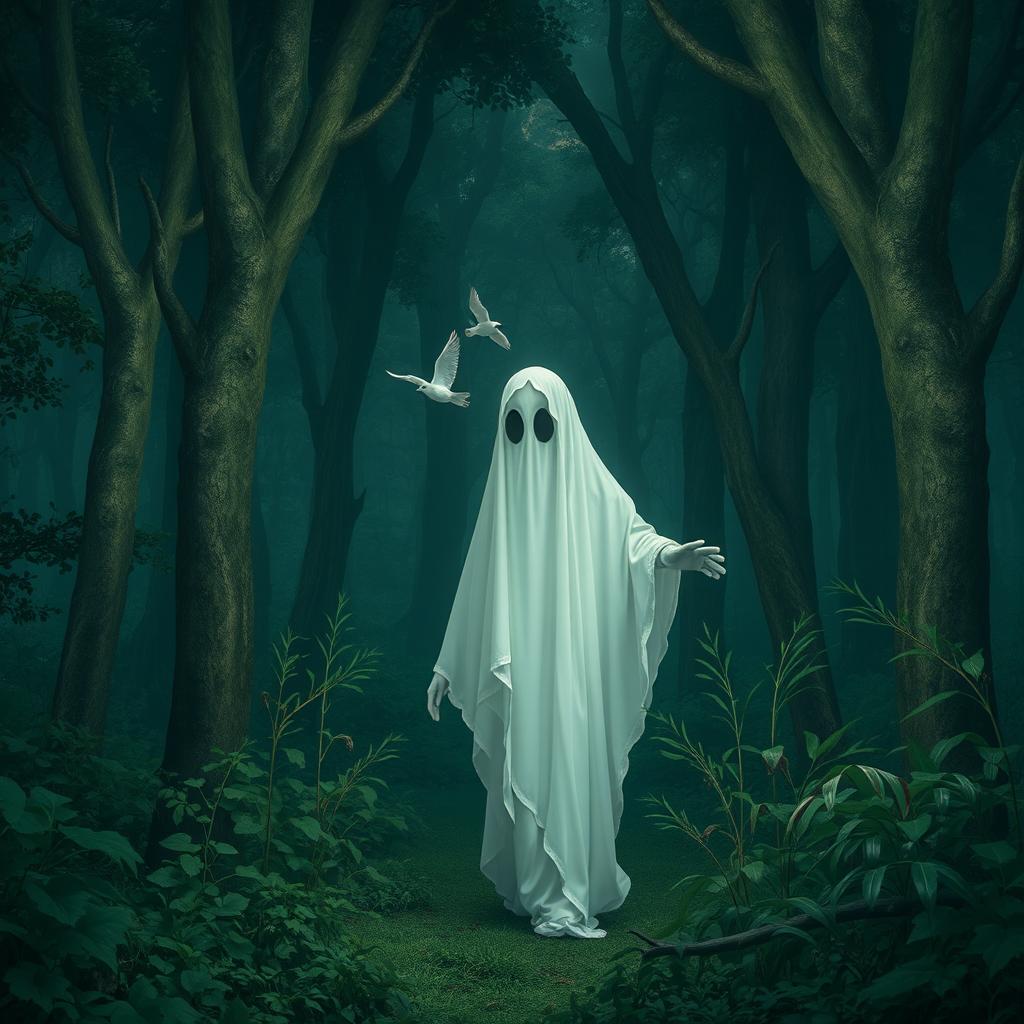 A mysterious ghost in a dense forest, dressed in flowing white garments, with large dark eyes that seem to pierce through the night