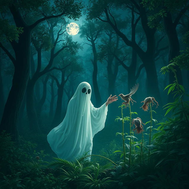 A mysterious ghost in a dense forest, dressed in flowing white garments, with large dark eyes that seem to pierce through the night