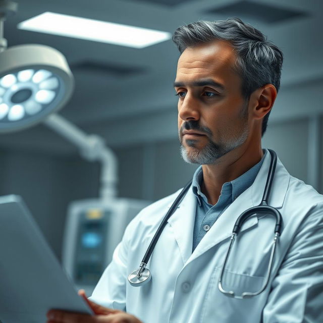 A highly detailed, realistic image of a doctor in a modern hospital setting, wearing a white coat and a stethoscope around their neck