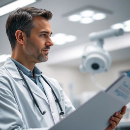 A highly detailed, realistic image of a doctor in a modern hospital setting, wearing a white coat and a stethoscope around their neck