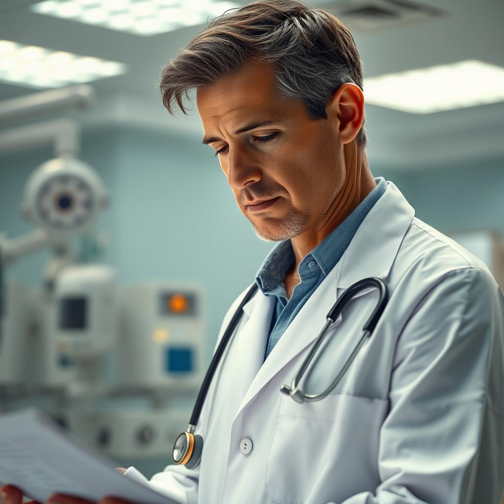 A highly detailed, realistic image of a doctor in a modern hospital setting, wearing a white coat and a stethoscope around their neck