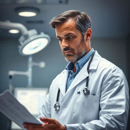 A highly detailed, realistic image of a doctor in a modern hospital setting, wearing a white coat and a stethoscope around their neck