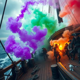 A dramatic scene depicting a crew ship in the midst of chaos, with vibrant smoke billowing out from a smoke bomb that has just detonated on deck