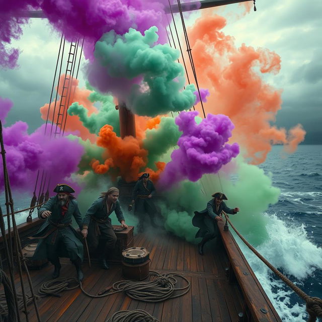 A dramatic scene depicting a crew ship in the midst of chaos, with vibrant smoke billowing out from a smoke bomb that has just detonated on deck