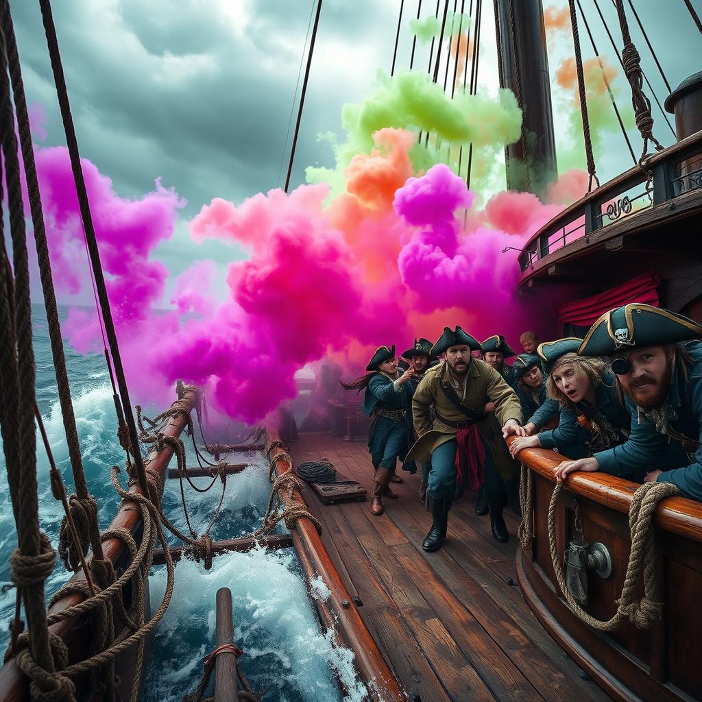 A dramatic scene depicting a crew ship in the midst of chaos, with vibrant smoke billowing out from a smoke bomb that has just detonated on deck