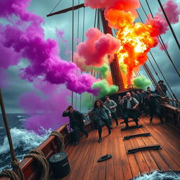 A dramatic scene depicting a crew ship in the midst of chaos, with vibrant smoke billowing out from a smoke bomb that has just detonated on deck