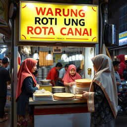 A lively roti canai stall (Warung Roti Canai) featuring a signboard that reads 'Warung Roti Canai'