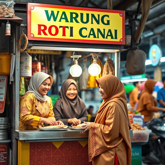 A lively roti canai stall (Warung Roti Canai) featuring a signboard that reads 'Warung Roti Canai'