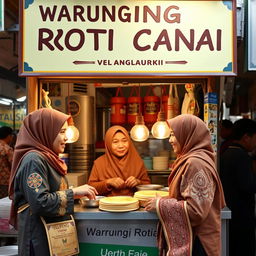 A lively roti canai stall (Warung Roti Canai) featuring a signboard that reads 'Warung Roti Canai'
