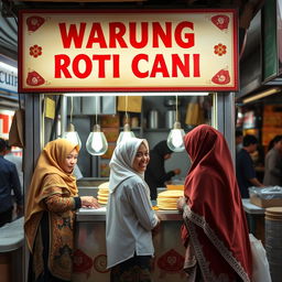 A lively roti canai stall (Warung Roti Canai) featuring a signboard that reads 'Warung Roti Canai'