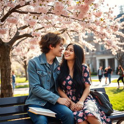A romantic scene between two college students in a picturesque campus setting, surrounded by cherry blossom trees in full bloom