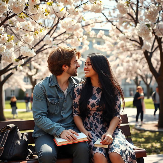 A romantic scene between two college students in a picturesque campus setting, surrounded by cherry blossom trees in full bloom