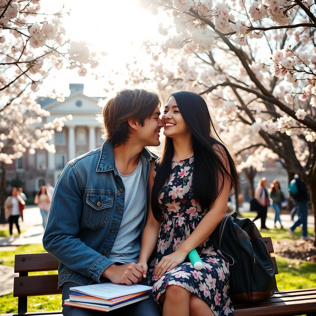 A romantic scene between two college students in a picturesque campus setting, surrounded by cherry blossom trees in full bloom