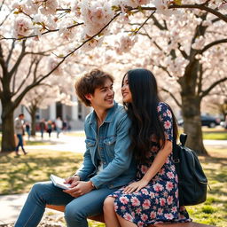 A romantic scene between two college students in a picturesque campus setting, surrounded by cherry blossom trees in full bloom