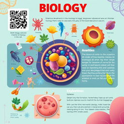 A visually engaging educational biology poster featuring vibrant illustrations of various biological concepts, such as cellular structures, anatomy, and ecosystems