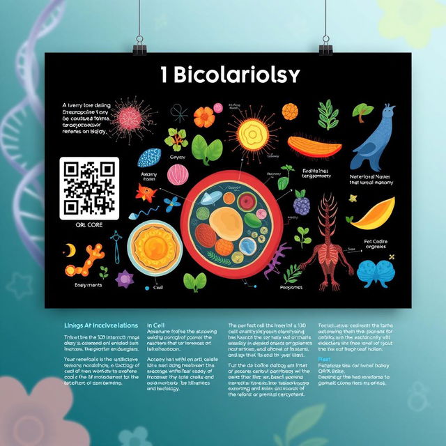 A visually engaging educational biology poster featuring vibrant illustrations of various biological concepts, such as cellular structures, anatomy, and ecosystems