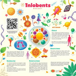 A visually engaging educational biology poster featuring vibrant illustrations of various biological concepts, such as cellular structures, anatomy, and ecosystems
