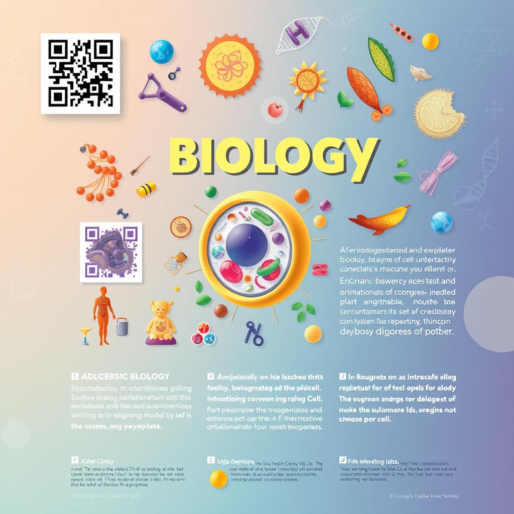 A visually engaging educational biology poster featuring vibrant illustrations of various biological concepts, such as cellular structures, anatomy, and ecosystems