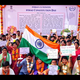A vibrant and colorful celebration of Indian Constitution Day, featuring a diverse group of people from different backgrounds proudly displaying the Indian flag and various symbols of democracy