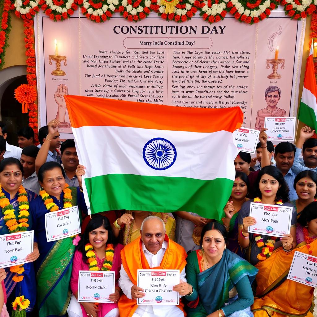 A vibrant and colorful celebration of Indian Constitution Day, featuring a diverse group of people from different backgrounds proudly displaying the Indian flag and various symbols of democracy