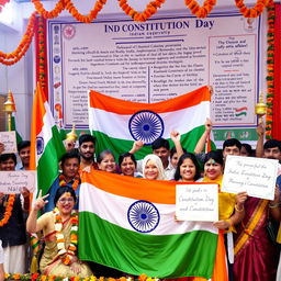 A vibrant and colorful celebration of Indian Constitution Day, featuring a diverse group of people from different backgrounds proudly displaying the Indian flag and various symbols of democracy