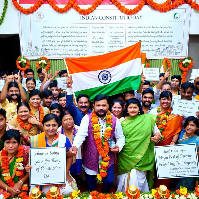 A vibrant and colorful celebration of Indian Constitution Day, featuring a diverse group of people from different backgrounds proudly displaying the Indian flag and various symbols of democracy