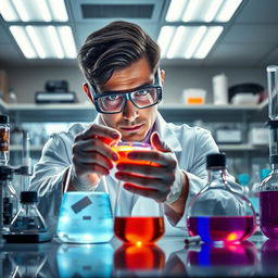 A highly detailed, realistic image of a scientist in a laboratory setting, wearing a lab coat and safety goggles