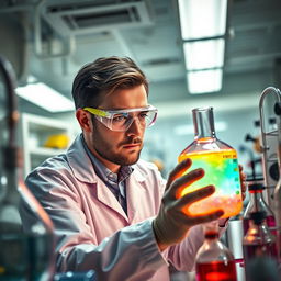 A highly detailed, realistic image of a scientist in a laboratory setting, wearing a lab coat and safety goggles