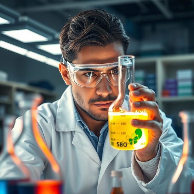 A highly detailed, realistic image of a scientist in a laboratory setting, wearing a lab coat and safety goggles