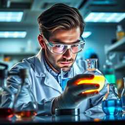 A highly detailed, realistic image of a scientist in a laboratory setting, wearing a lab coat and safety goggles