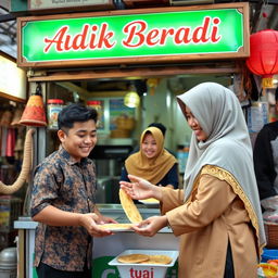 An engaging scene showcasing a roti canai stall (Warung Roti Canai) with a signboard that reads 'Adik Beradik'