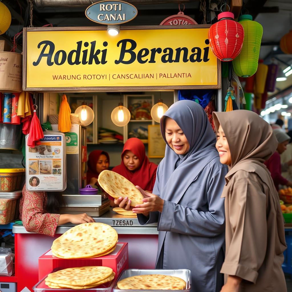 An engaging scene showcasing a roti canai stall (Warung Roti Canai) with a signboard that reads 'Adik Beradik'