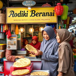 An engaging scene showcasing a roti canai stall (Warung Roti Canai) with a signboard that reads 'Adik Beradik'