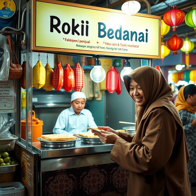 An engaging scene showcasing a roti canai stall (Warung Roti Canai) with a signboard that reads 'Adik Beradik'