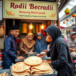 An engaging scene showcasing a roti canai stall (Warung Roti Canai) with a signboard that reads 'Adik Beradik'