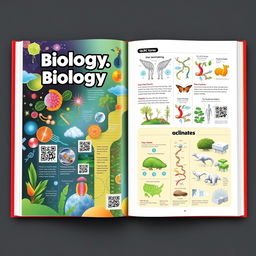 An educational biology book with an interactive design, featuring QR codes throughout the pages that link to 3D content