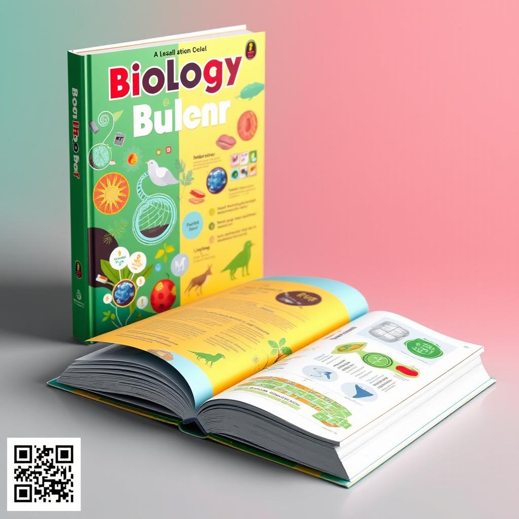 An educational biology book with an interactive design, featuring QR codes throughout the pages that link to 3D content