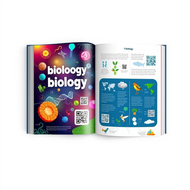 An educational biology book with an interactive design, featuring QR codes throughout the pages that link to 3D content