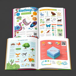 An educational biology book with an interactive design, featuring QR codes throughout the pages that link to 3D content