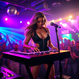 A glamorous scene featuring a sexy white woman named Dayna Wynter passionately playing keyboards on a vibrant nightclub stage