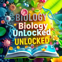 A visually stunning educational biology book cover featuring vibrant 3D illustrations of cells, DNA strands, and various biological organisms