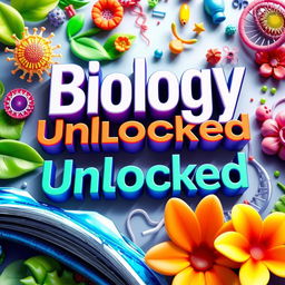A visually stunning educational biology book cover featuring vibrant 3D illustrations of cells, DNA strands, and various biological organisms