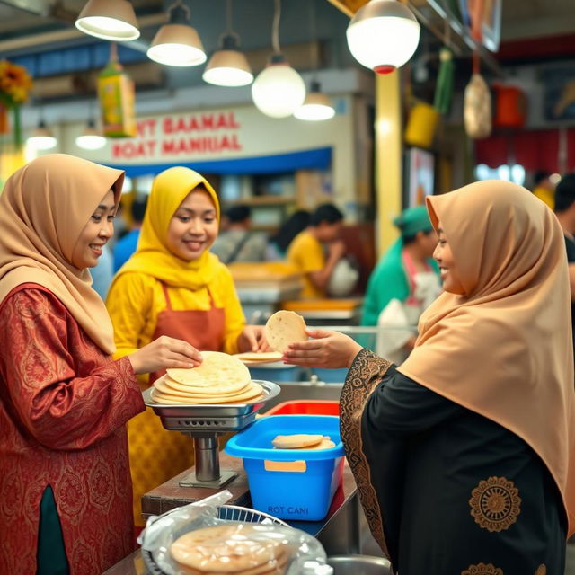 A cheerful scene at a roti canai stall (Warung Roti Canai) run by siblings (adik beradik)