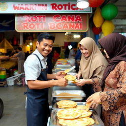 A cheerful scene at a roti canai stall (Warung Roti Canai) run by siblings (adik beradik)