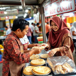 A cheerful scene at a roti canai stall (Warung Roti Canai) run by siblings (adik beradik)