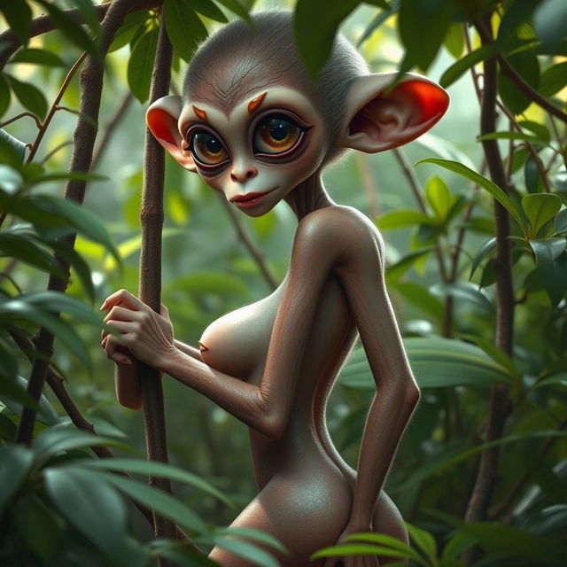 A strangely beautiful alien girl of an extraterrestrial species, resembling a monkey with an agile physique